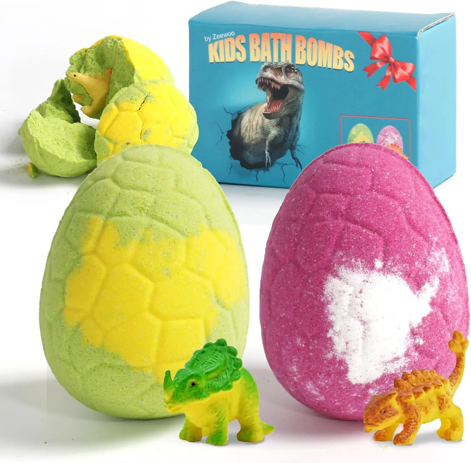 Zamwao Kids Bath Bombs with Toys Inside - 2 Organic Dinosaur Bath Bombs for Boys & Girls Ages 3-9, Surprise Inside, Perfect for Easter Baskets