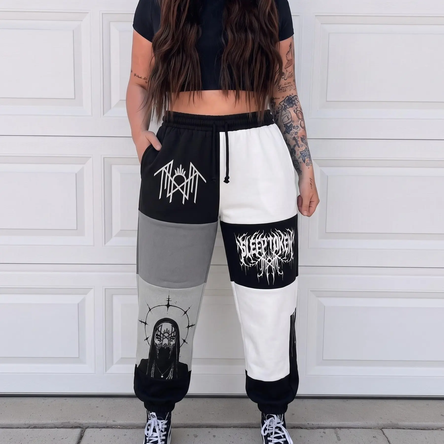Black White Grey  SIeep To0ken Sweatpants, Band Jogger Pants, Gothic Metal Streetwear Pants, Fall Winter Pants, For Men & Women, Gift For T0ken Fans