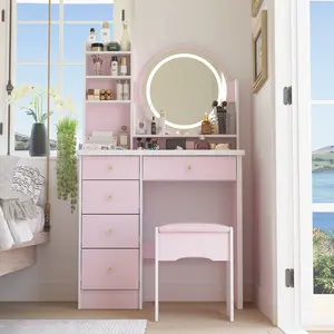 FUFU&GAGA (Live Only) Pink Makeup Vanity Set Crystal Handle Desk with Mirror Lights and Drawers and Stool Set