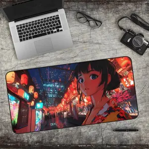 Tokyo Night Street Desk Mat, Anime Kimono Girl Mousepad, Red Lantern Scenery, Cyberpunk Japan Aesthetic, XL Neon Gaming Setup Decor