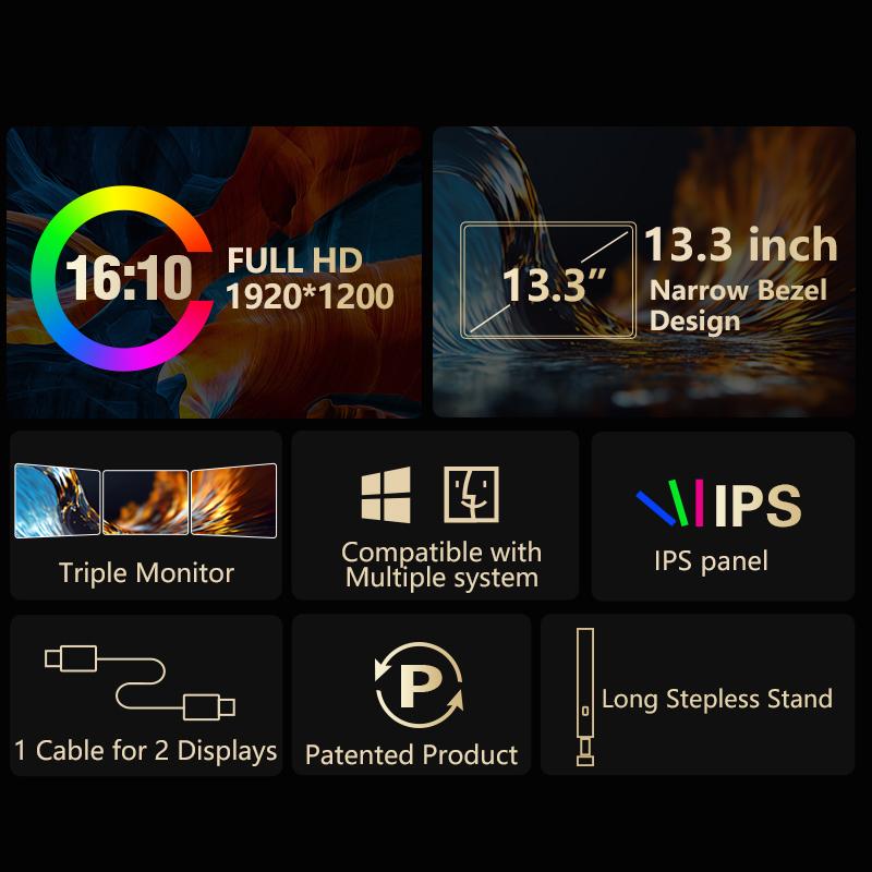 S350 Laptop Monitor Extender, 13.3" IPS Panel 1920x1200 FHD 1200P 60Hz Display, 1-Cable USB-C/USB-A External Monitor for Laptop Work, 1-Cable Easy Installation, Driver-Required First Setup, Compatible with Windows & Mac