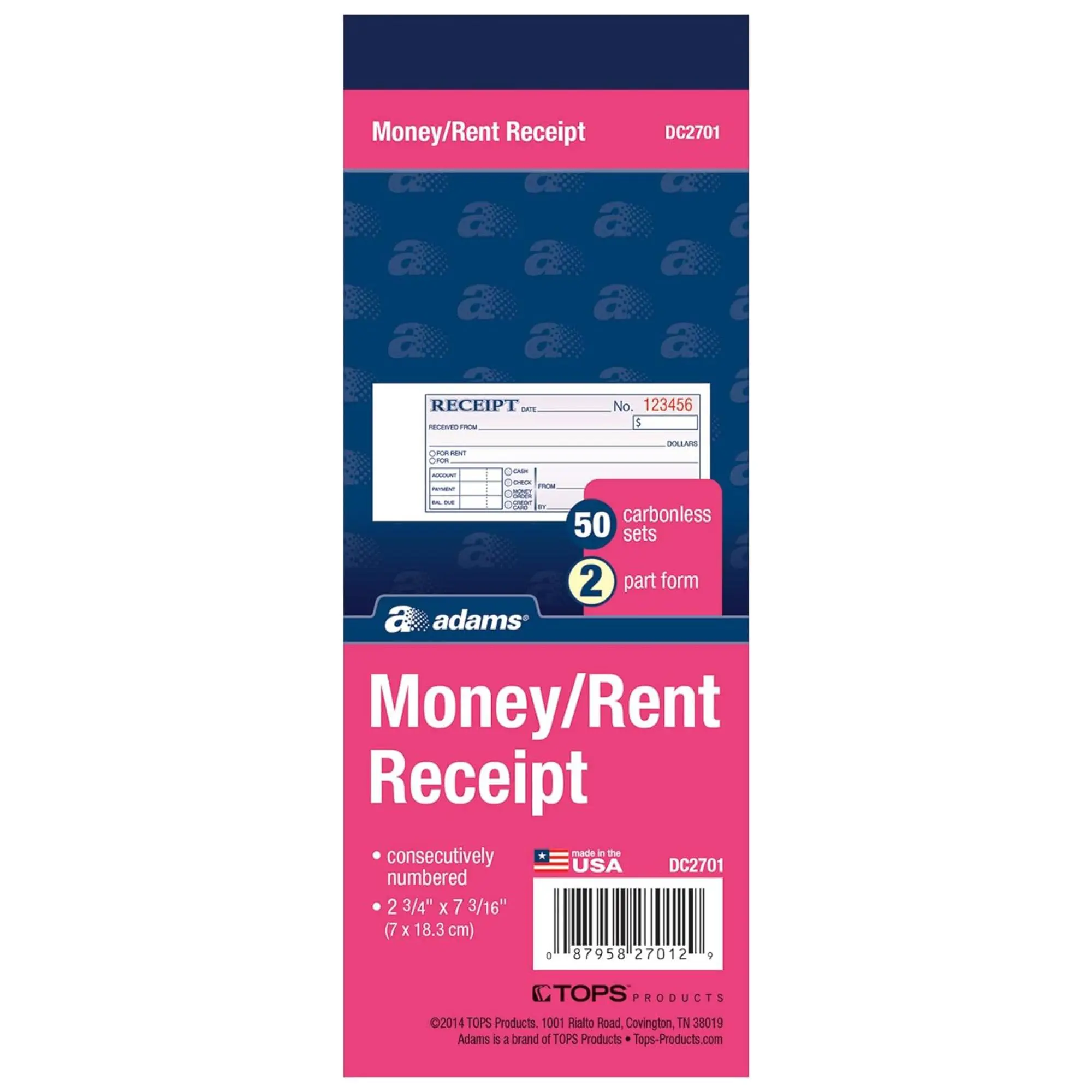 Adams Money and Rent Receipt Book, 2-Part, Carbonless, 2.75 x 7.19 Inch, 50 Sets, White and Canary (DC2701)