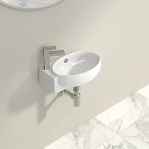 Logmey 16.5" L X 11" W Wall Mount Bathroom Sink Oval Floating Bathroom Sink White Porcelain Ceramic Basin