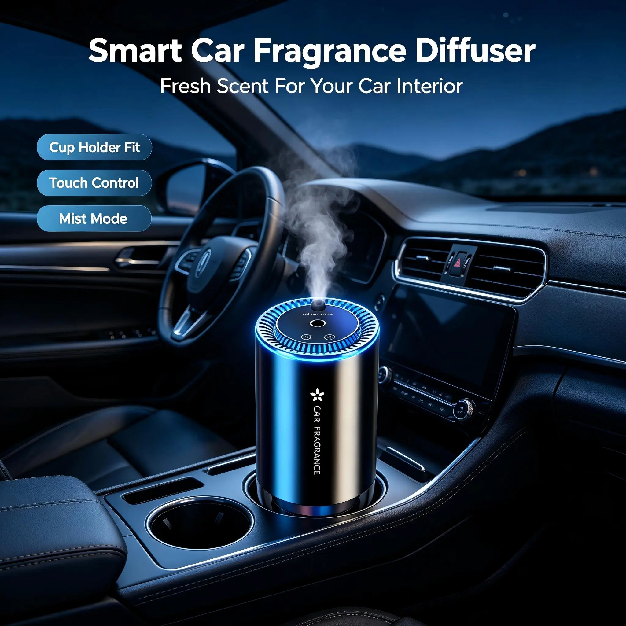 New Smart 3-Speed Fragrance Diffuser - Car Ornament, Vehicle Cup Holder Aroma Diffuser, 7-Color Ambient Light Mode, 1-Speed Starry Sky Roof Mode, Includes 1 Bottle of 50ml Ocean Essential Oil, Suitable for Home, Car, and Office Aromatherapy.