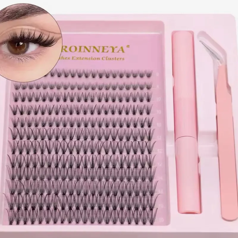 GROINNEYA DIY Lash Extension Kit - Volume Lash Clusters, Mix Curl, Individual Lashes with Lash Bond & Seal Tweezers for Eyelashes - Makeup