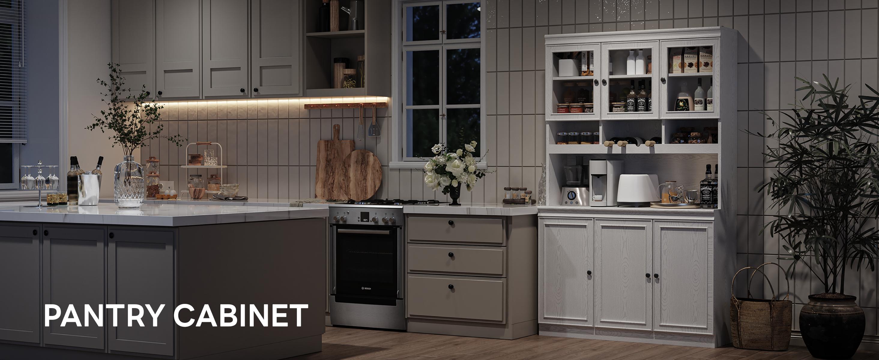 LIKIMIO 74.8" Cabinet with Glass Doors, Tall Kitchen Pantry, Storage Cabinet with Microwave Stand, 4 Adjustable Shelves, Wine & Glass Station, Modern Display Cabinet for Home Living Room