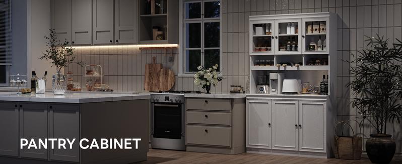 LIKIMIO 74.8" Cabinet with Glass Doors, Tall Kitchen Pantry, Storage Cabinet with Microwave Stand, 4 Adjustable Shelves, Wine & Glass Station, Modern Display Cabinet for Home Living Room