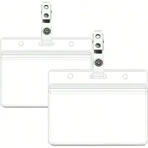 2 Pack Waterproof Horizontal ID Badge Holder Horizontal Clear PVC Name Holder Tags With Badge Clip Straps Office Supplies 2 Pack