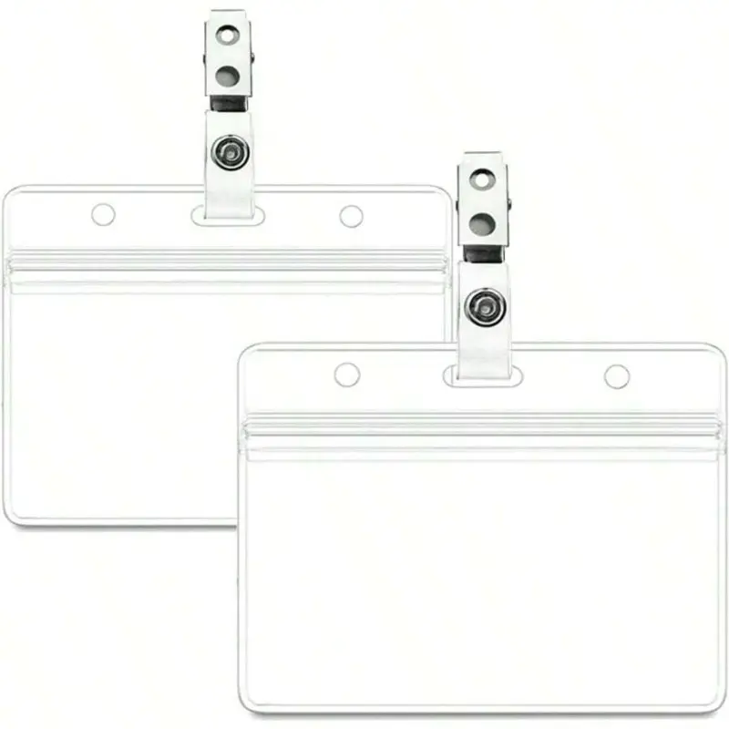 2 Pack Waterproof Horizontal ID Badge Holder Horizontal Clear PVC Name Holder Tags With Badge Clip Straps Office Supplies ID Card Holder 2 Pack Plastic ID Badge Holder