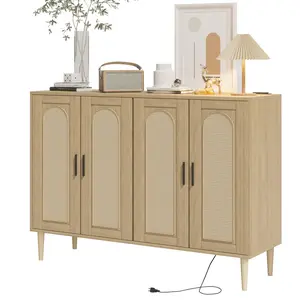 Rattan Sideboard Buffet Cabinet with Storage, 4 Doors Accent Console Table with Built-in Power Outlet, Boho Coffee Bar Cabinet with Adjustable Shelves, Natural Rattan Credenza for Kitchen Dining Room Hallway Entryway Living Room