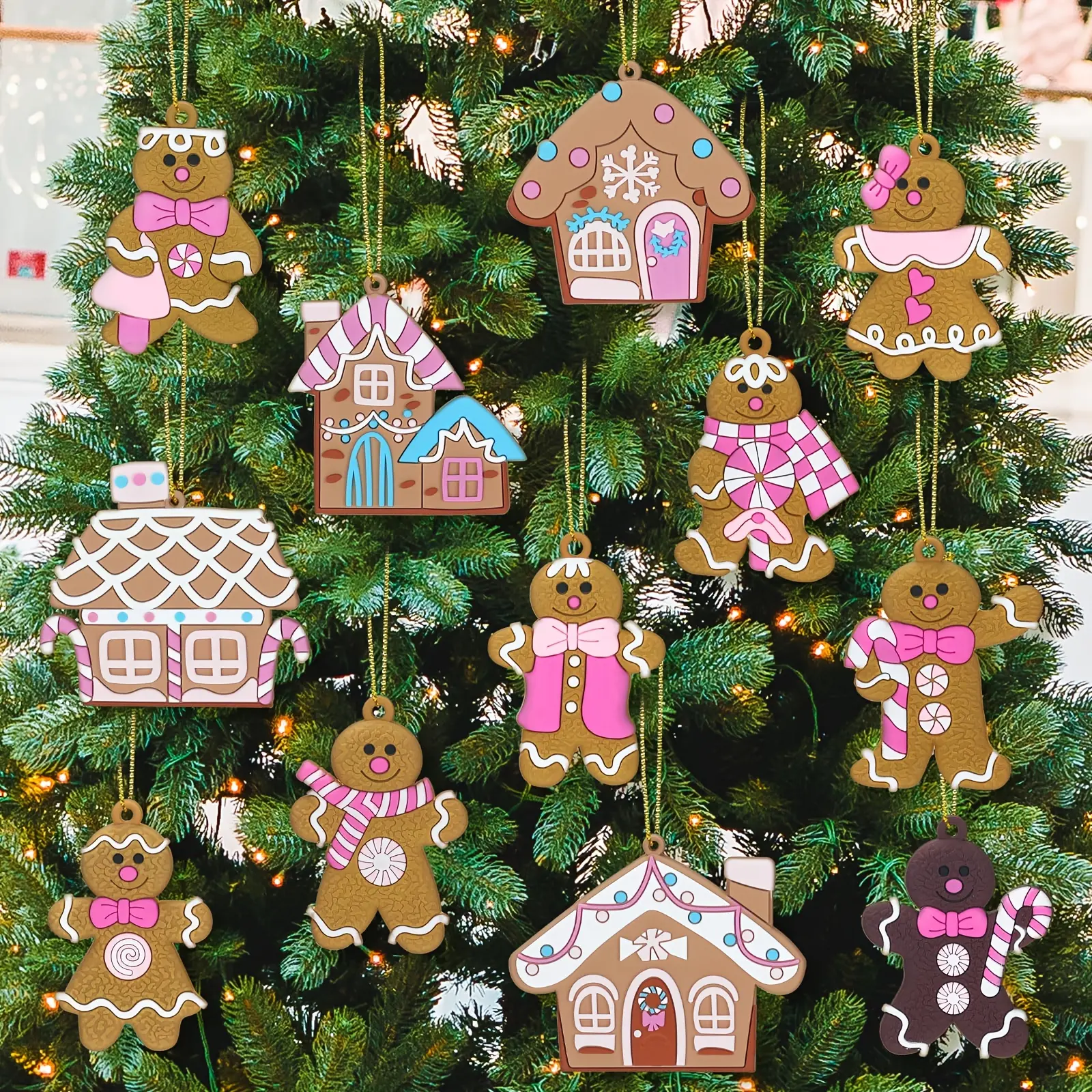 12pcs PVC Hanging Gingerbread House-Gingerbread Man Decorations, Multicoloured Christmas Indoor Home Holiday Party Festive Supplies
