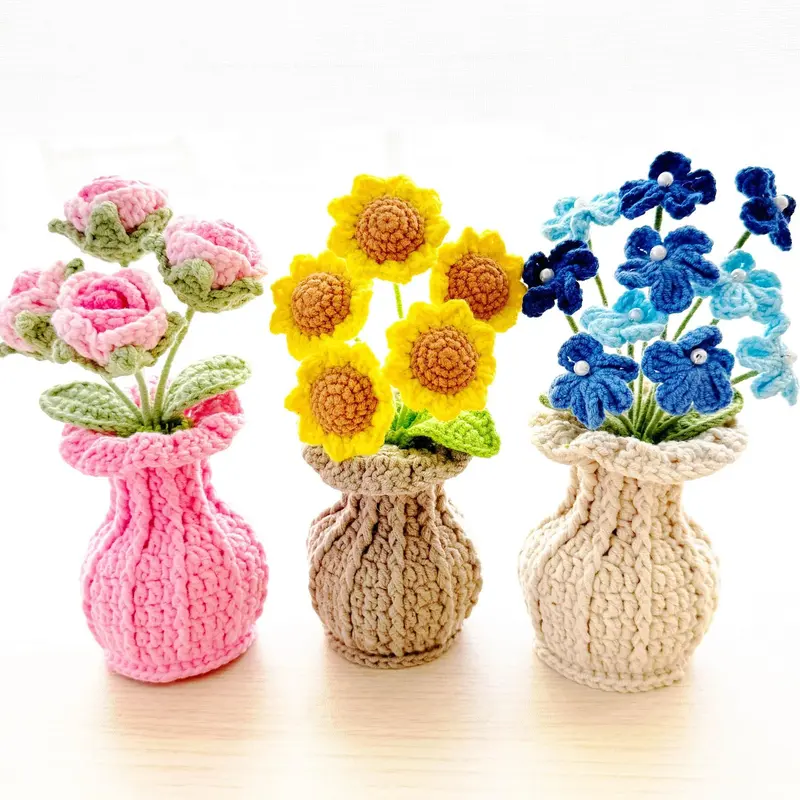Handmade Crochet Flower Vase: Sunflower, Rose, Forget-Me-Not Decor
