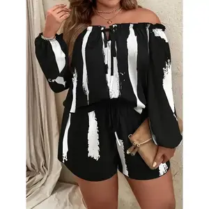【Plus Size】Two-Piece Set All Over Print Frill Trim Cut Out Tie Front Blouse & Shorts, Off Shoulder Bishop Sleeve Top & Knot Front Shorts, Women's Outfits for Summer, Matching Sets, Womenswear, Lady