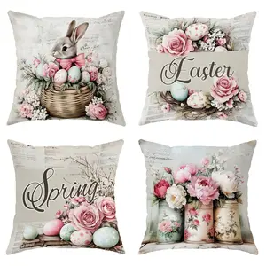 4pcs, Happy Easter Throw Pillow Covers, Bunny Floral Easter Eggs Rabbit Cute Pillowcases, Spring Living Room Bedroom Sofa Bed Decor, Single Sided Printing, No Pillow Core