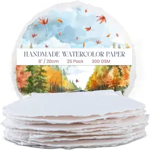 Thick Handmade Round Watercolor Paper with Deckle Edge - 300GSM - Premium White Cold Press Textured Circle Paper - Recycled Cotton Mixed Media Paper Circles - 25 Loose Leaf Sheets - 8"