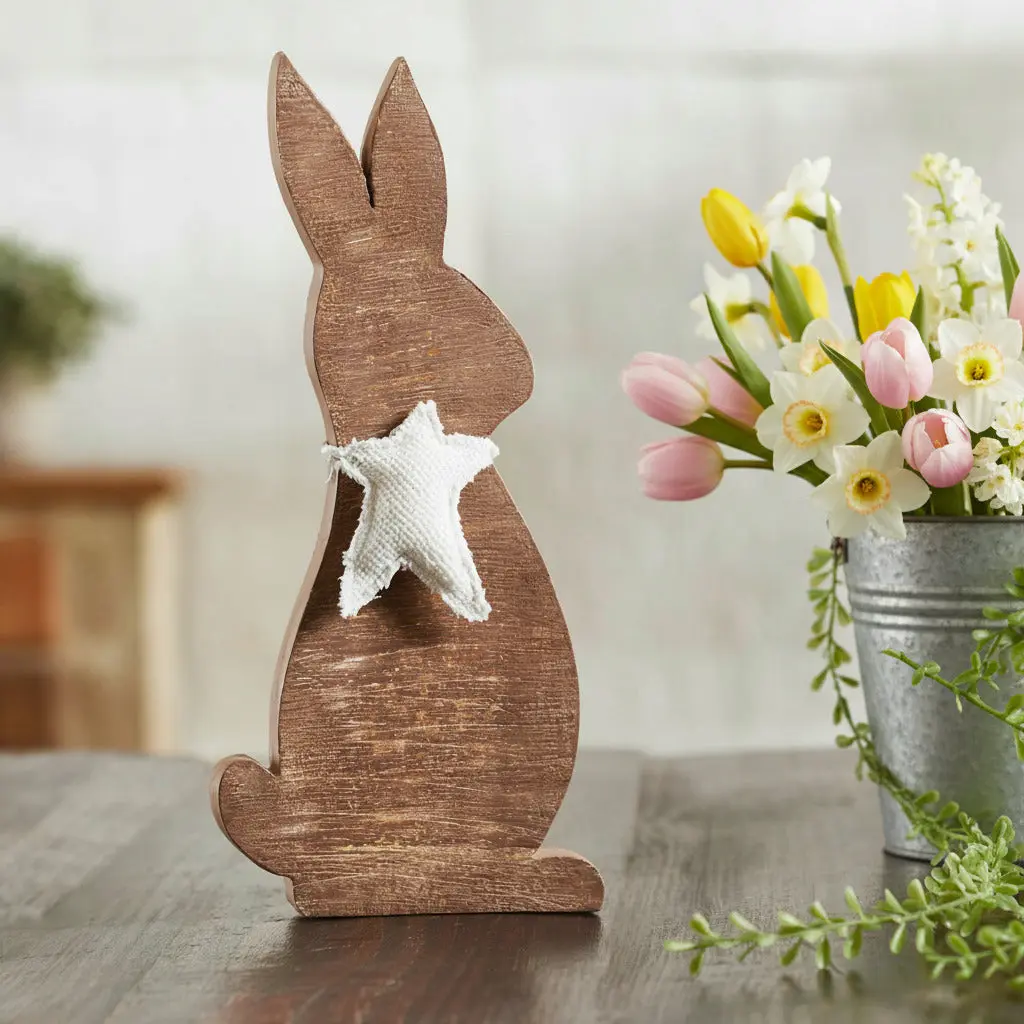 Tropical Wood Painted Bunny Figurine with Prim Burlap Star, Spring Charm Tabletop Decor for Dining Room Home Supplies
