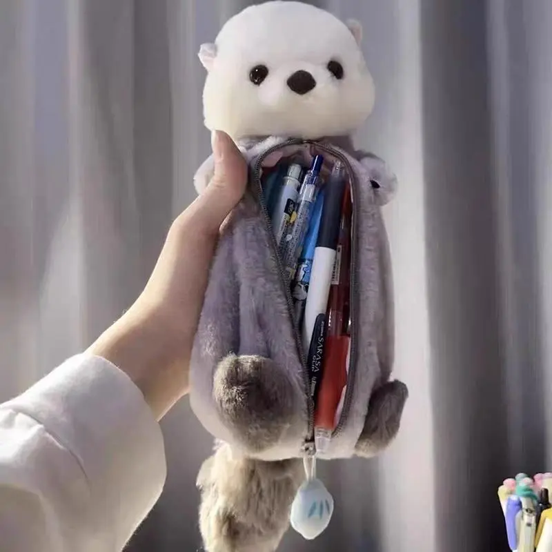 Cartoon Soft Pencil Pouch Pen Bag Makeup Pouch Plush Sea Otter Pencil Case Portable Pen Marker Holder School Supplies