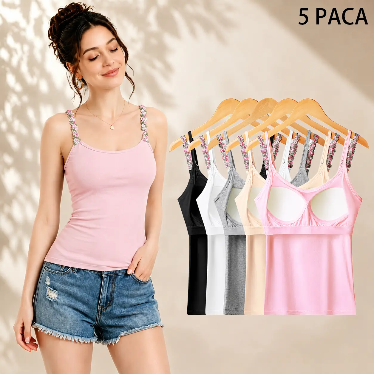 【5 Pack】Women's Built-In Bra Camisole Tank Tops 5 Pack, Padded Cami with Shelf Bra, Soft Stretch Sleeveless Tank Top for Women, Floral Lace Strap Camisoles, Summer Basic Layering Undershirt, Everyday Wear, S-XXL, Black White Gray Nude Pink Multipack Halte