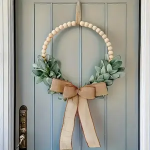 Elegant Eucalyptus & Wood Bead Wreath Classic Green Plant Door Hanging Decor for Home Wedding & Seasonal Celebrations No Electricity Needed Featherless Home Decor Accent Natural Aesthetic Wooden Bead Detail Wreaths for Front Door