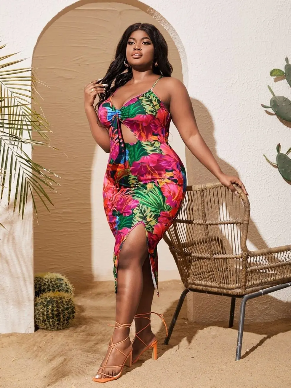 Plus Size Tropical Cut Out Dress | Summer Beach Boho Holiday | Tie Front Thigh Slit