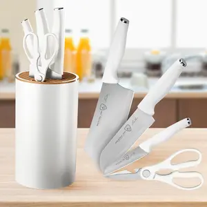 Professional 5-piece stainless steel chef's knife set - super sharp and non-stick blades, ergonomic grip design, and stylish knife rack storage Cutting Block Kitchen Ivory White meat cleaver set