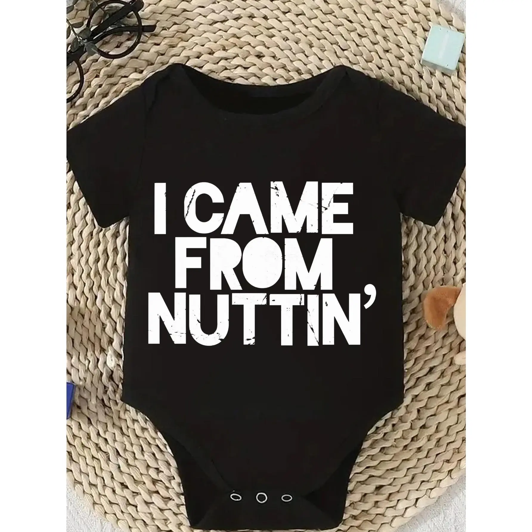 Cute Baby Bodysuit With I Came From Nuttin Print Soft Versatile Round Neck Button Detail Regular Fit All Seasons Knitted Fabric Onesie For 0-12 Months