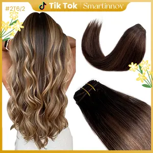 Dark Root Brown Ombre with Soft Highlights Sew In Extensions 24 Inch Real Human Hair Weft Extensions 120G Double Weft Remy Human Hair Bundles For Women Hand Tied Full Head Straight Hair Weaves