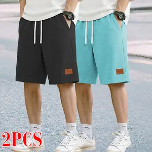 Men’s casual corduroy shorts set (2 pieces), featuring an elastic drawstring waist and fabric label — solid color, machine washable, regular fit for everyday wear; summer loose-fit shorts.