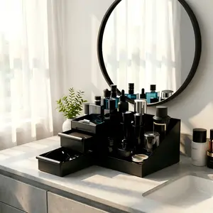 Dad's 3-Layer Black Storage Box – Elegant Drawer Organizer for Bathroom, Bedroom or Vanity – Holds Watches, Colognes, Skin Care & Jewelry – Thoughtful Father’s Day Gift for Husband or Dad