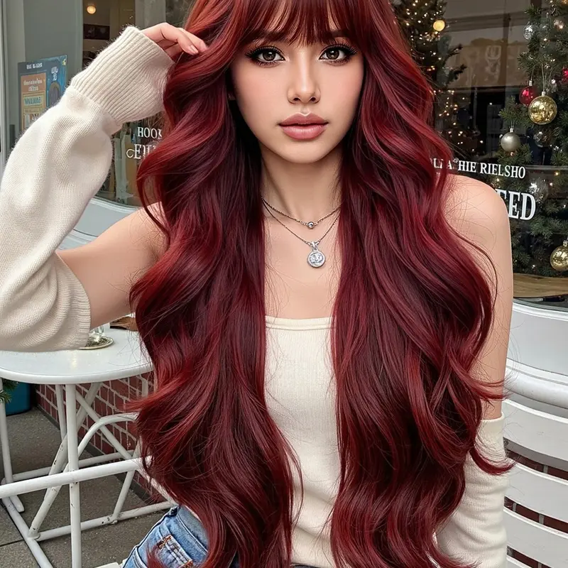 Women's Long Curly Synthetic Fiber Wig, Beginner Friendly Wig, Wine, 30 Inches Straight Hair Design, Perfect for Daily Wear & All Seasons, Machine Made Wigs, Synthetic Material Wigs