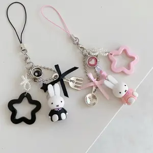 Miffy cartoon retro keychain, bag pendant, punk style star pendant, phone chain, keychain, cute keychain