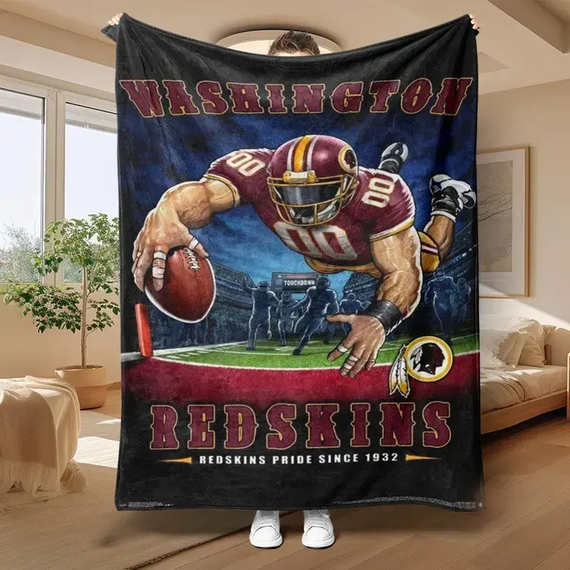 Washington Redskins Football Player Blanket, Slogan Print Flannel Bed Throw for Home Office, Warm Nap Cover, Team Style Room Decor, Sofa Lounge, Bedroom Accessories, Sport Collector Gift for Men Women, Football Room