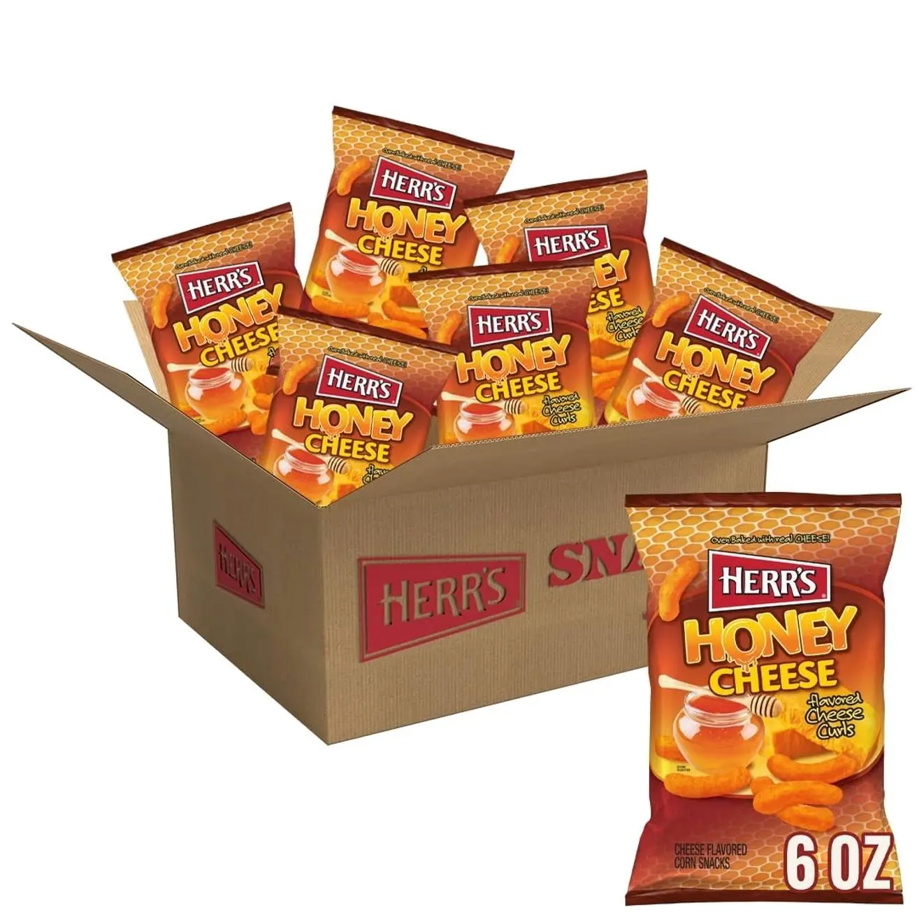 Herr’s Cheese Curls, Honey Cheese Flavored, Gluten Free Snacks, 6oz Bag (6 Count)