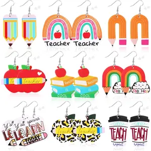 9 Pairs Teacher Earrings for Women, Faux Leather Teardrop Earrings, Double-Sided Design Earrings, Rainbow Pencil Book Earrings for Graduation Teacher Appreciation ,  to School Teaching Decoration