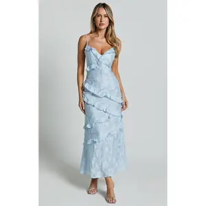 Michaela Midi Dress - Jacquard Ruffle Detail Tiered Dress in Light Blue