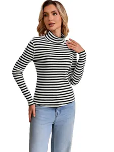 Ebossy Women's Slim-Fit Striped Turtleneck Lightweight Long Sleeve Top Soft Stretch Fabric Back Detail Basic Layering Shirt Perfect for spring & summer, casual daily & work outfits