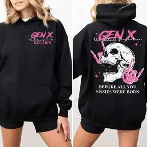 Custom Est 1973 Generation X Hoodie, Badass Generation Pink Skull Pullover, Two-Sided Edgy Gen X Statement Sweatshirt, Premium Cotton Gift for Her