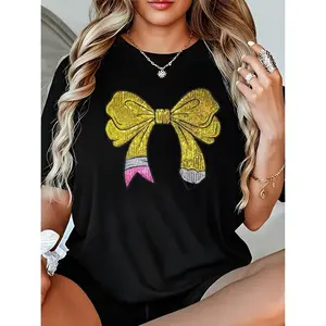 Women's Teacher T-Shirt Short Sleeve Crew Neck 100% Cotton Sequin Pencil Bow Print Back to School Top Graphic Womenswear