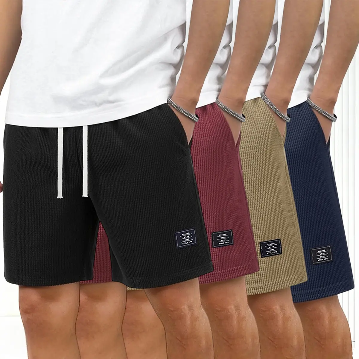 Men's Premium 4-Piece Corduroy Elastic Waist Shorts - Adjustable Drawstring, Breathable Stretchy Skin-Friendly Mid-Thigh Athleisure Street Shorts for Running, Cycling, Adjustable Drawstring Men's Shorts