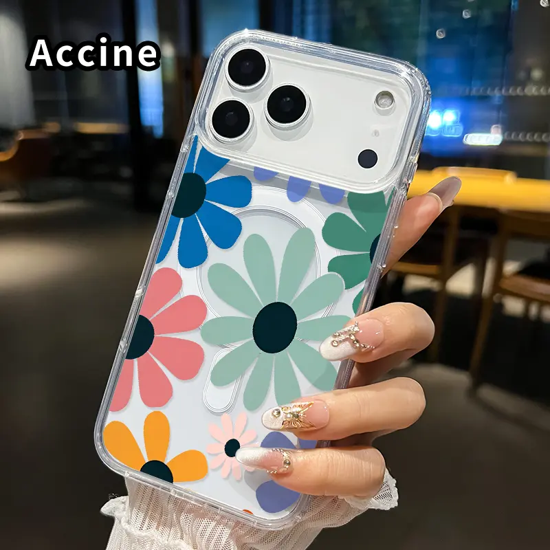 Transparent Magnetic Phone Case for iPhone 17 16  Pro Max Plus 15 14 13 12 11 Air E Floral Delight Dream  Pattern Acrylic Back Soft Edge Anti-Slip Hard Shell