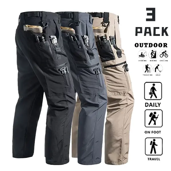 Men’s 3-Pack Multi-Pocket Cargo Tactical Work Pants, Waterproof Straight-Leg Outdoor Fishing Cycling Functional Pants