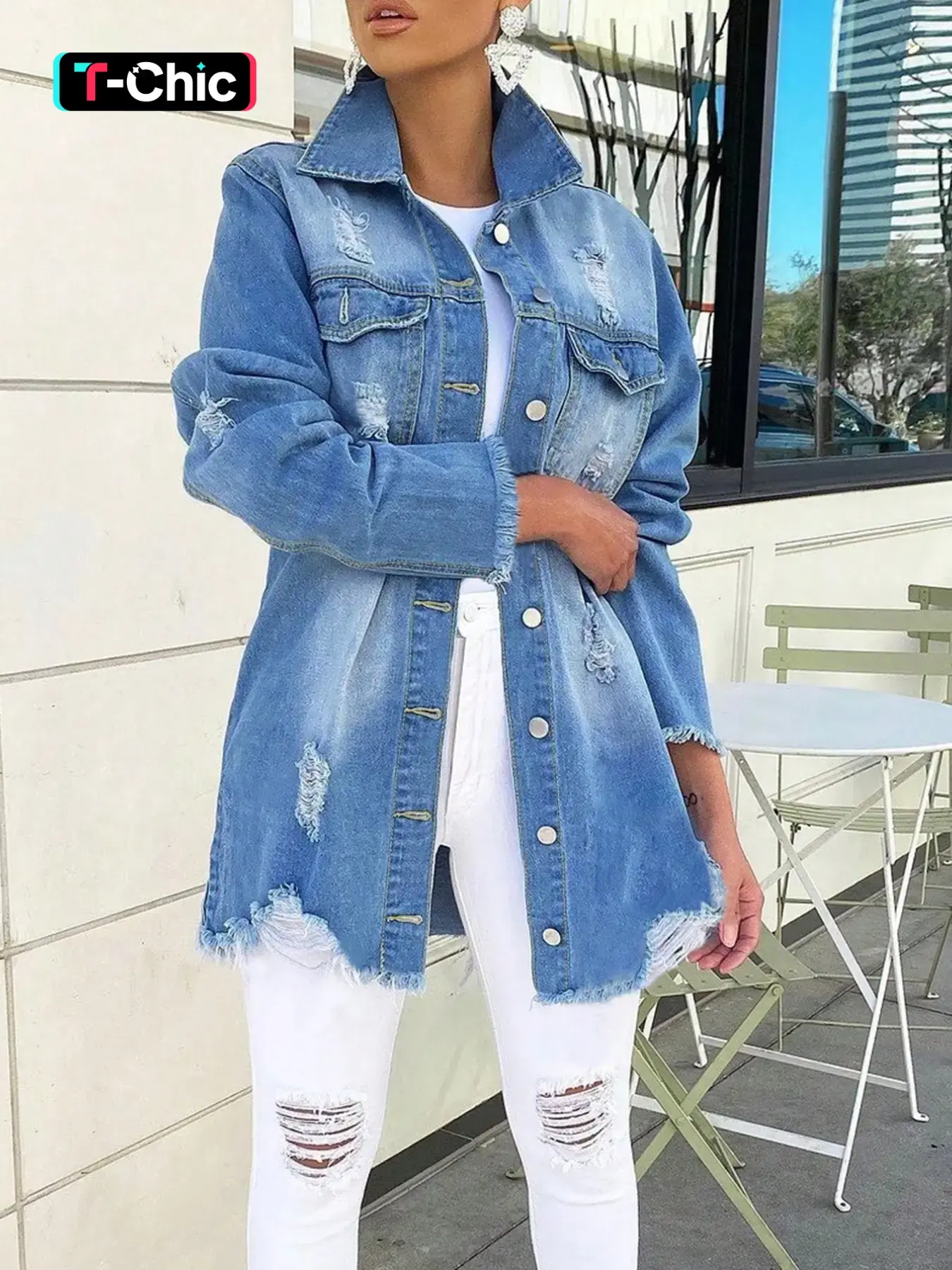 Women's Fitted Ripped Denim Coats Jacket with Button Front Closure, Minimalist Long Sleeve Design, Aesthetic Casual Everyday Spring & Fall Fashion Outerwear, Denim Jackets, Womenswear