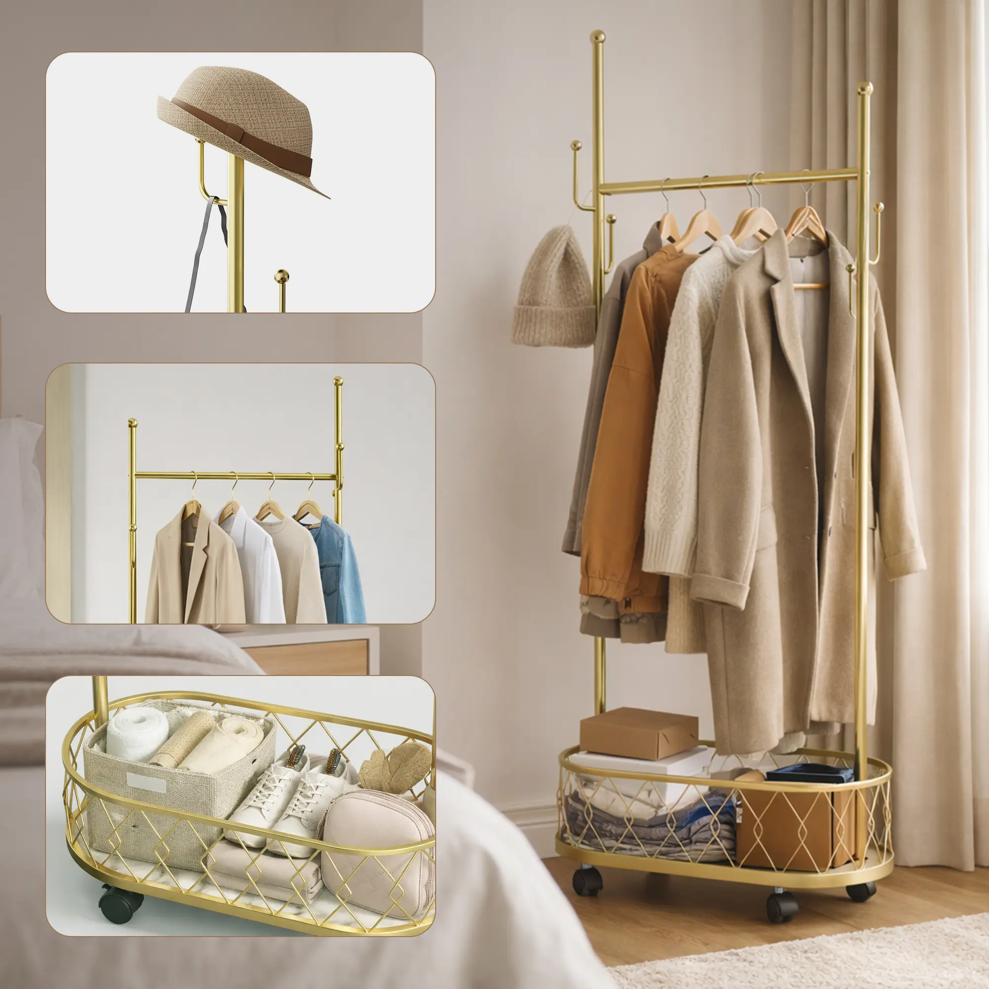 Coat rack freestanding, Multifunctional coat rack with storage basket 360° movable rotation | Bedroom and living room storage artifact | Hanging clothes/hats/bags/scarves | Home essential