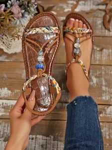 New Bohemian Braided Sandals, Gradient Blue Beads and Rhinestone Rings, Soft Sole, Breathable Mesh, Summer Essential Footwear