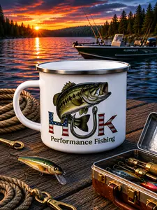 H*k Fishing Campfire Cup, Outdoor Mug for Camping Hiking Lake Life, Lightweight Durable Metal Mug, Rustic Camp Cup with Stainless Steel Rim, Portable Campfire Cup, Gift for Fisherman Outdoor Lover