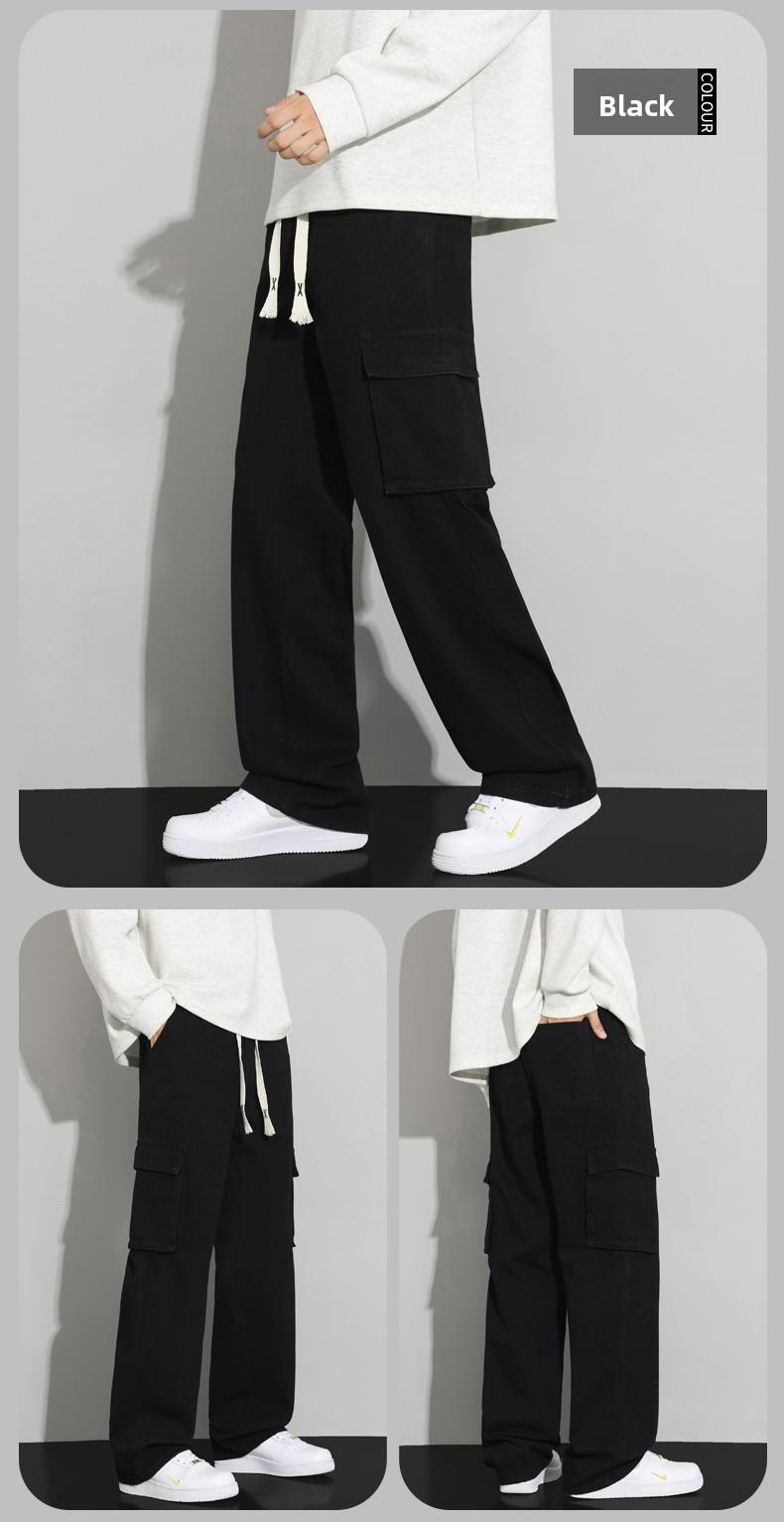 Men's Spring & Autumn Loose-Fit Cargo Jeans, Trendy Retro Light-Wash Casual Trousers, American Street Style Straight-Leg Pants with Large Pockets and Drawstring Waist