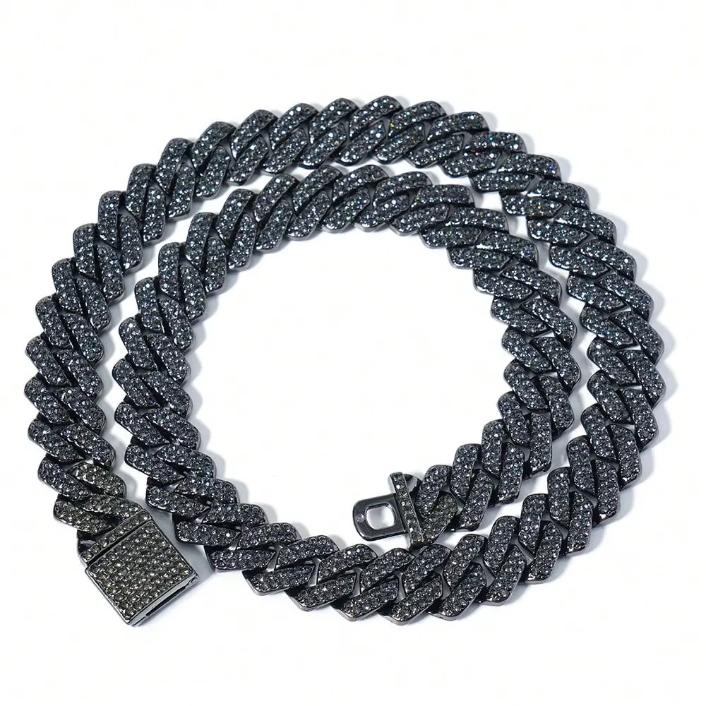 Cuban Link Chain Hip Hop Men Necklace Black Color Iced Out Paris Chain 2 Row Rhinestone Paved Miami Rhombus Cuban Men Necklace