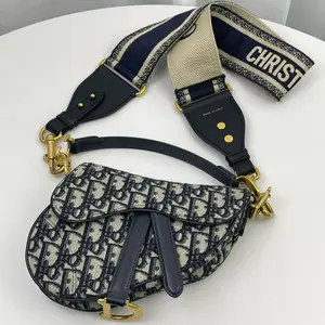 Pre-owned Dior CANVAS Shoulder Bags Christian Saddle Bag New Year Deal Monogram Pattern with Adjustable Strap and Gold Hardware