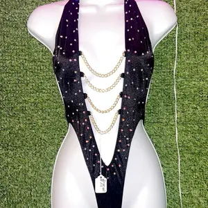 Luxury Black Rhinestone & Gold Chain Dancer Bodysuit  Custom Performance Wear