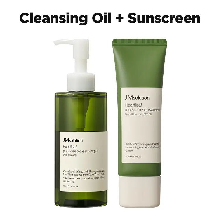 JMSOLUTION Heart Leaf Skin Care Bundle - SPF 50 Sunscreen & Cleansing Oil with Heart Leaf & Centella Asiatica for Daily Facial Wash